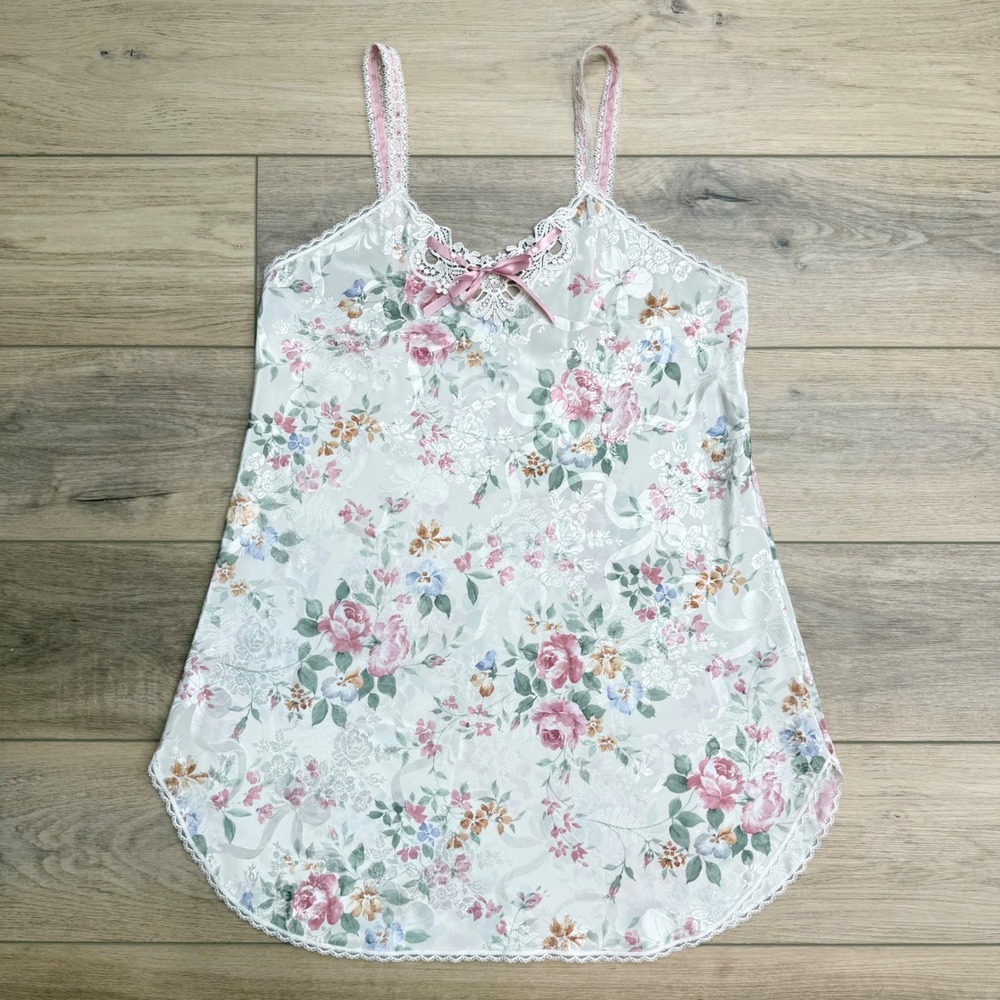 Lucie Ann‎ II Floral Satin Lace Trim Cami Nightgown Slip Dress M USA Coquette